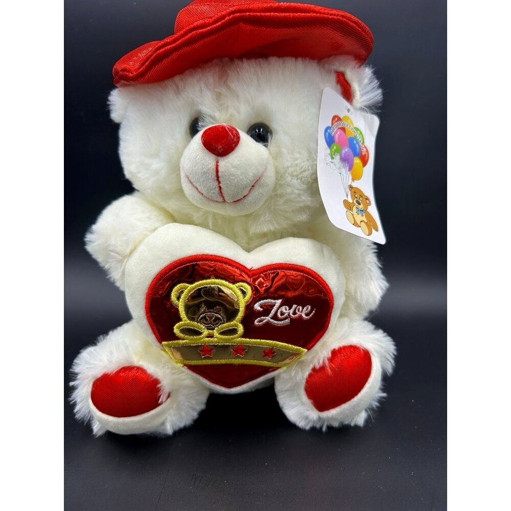 Plush Teddy Bear White with Red Hat & Heart “Love” Stuffed Animal Toy 9”